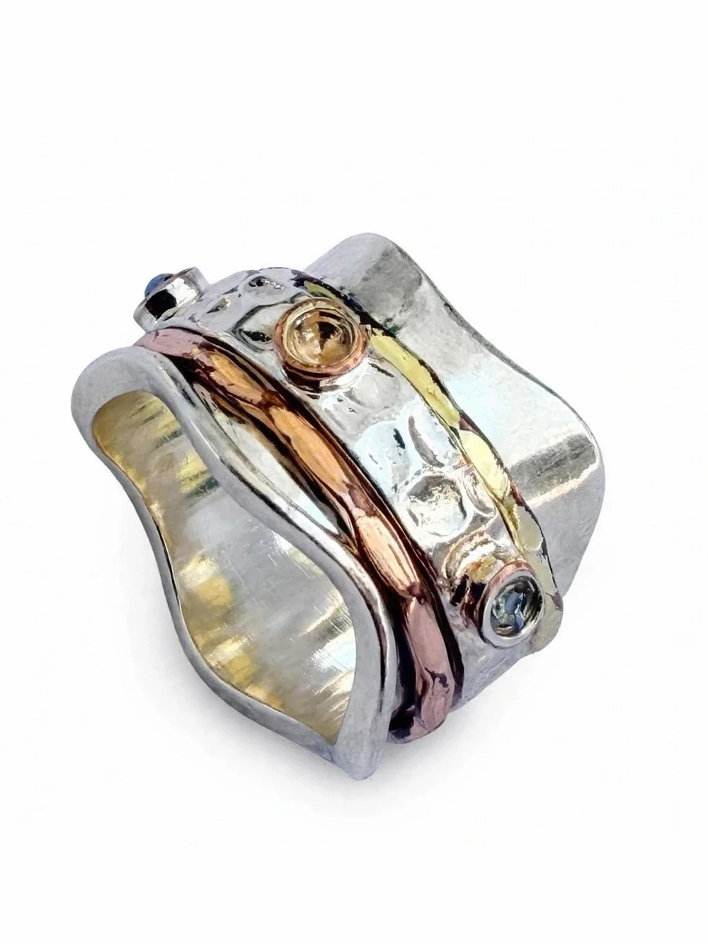 Sterling Silver 925 Copper Brass Spinner Ring Hammered Gemstone Boho 10.8g Heavy